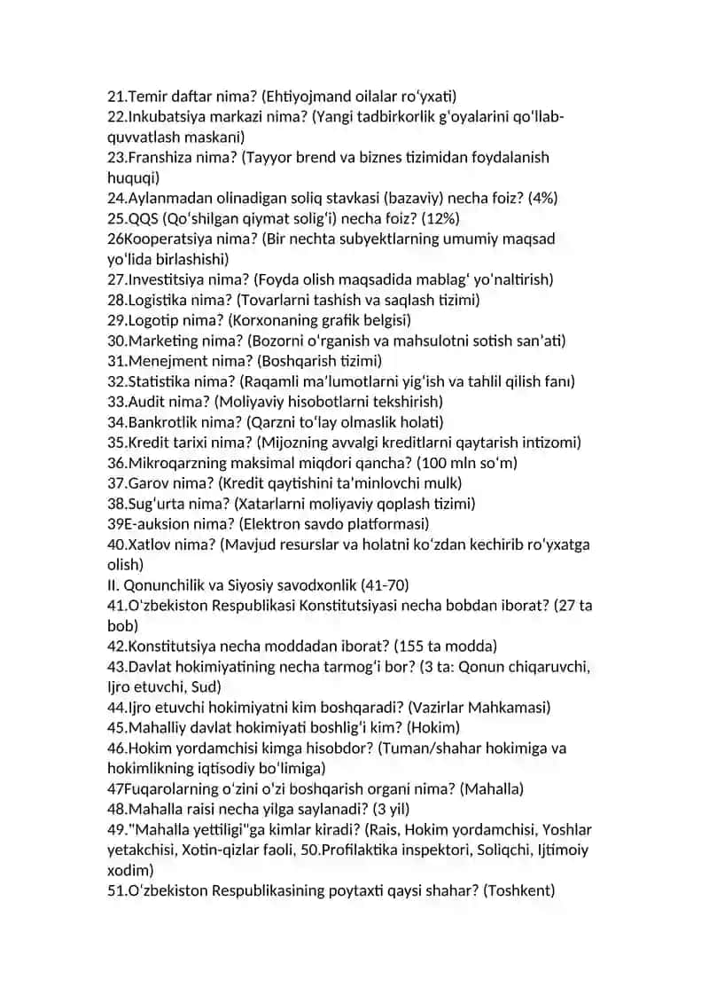 Hokim yordamchisi lavozimi uchun tayyorlangan 100 talik test savollari va ularning javoblar 2
