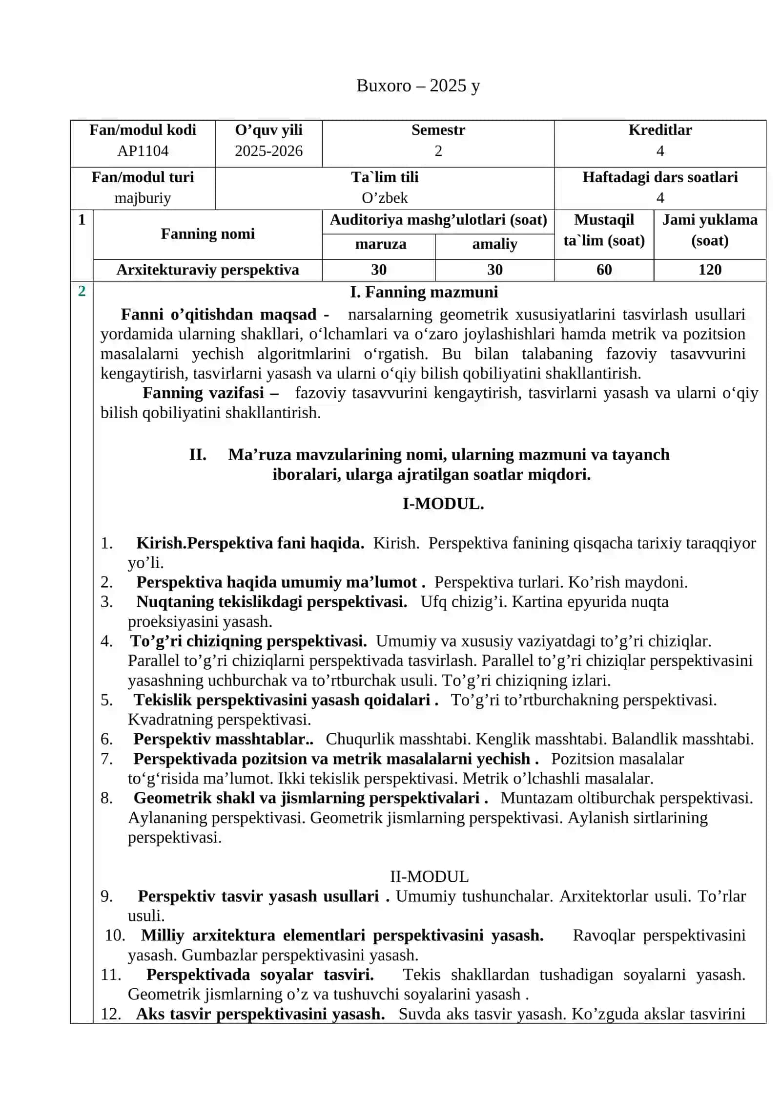 “ARXITEKTURAVIY PERSPEKTIVA” fanining O’QUV DASTURI Kunduzgi- (2024qabuli uchun) 2-semestr 2