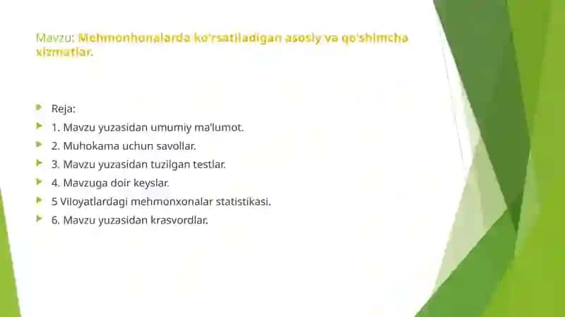Mehmonxonalarda ko'rsatiladigan asosiy va qo'shimcha  Xizmatlar. 2