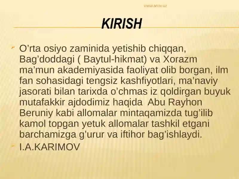 ABU RAYHON BERUNIYNING JAHON SIVILIZATSIYASI XAZINASIGA QO`SHGAN XISSASI 2