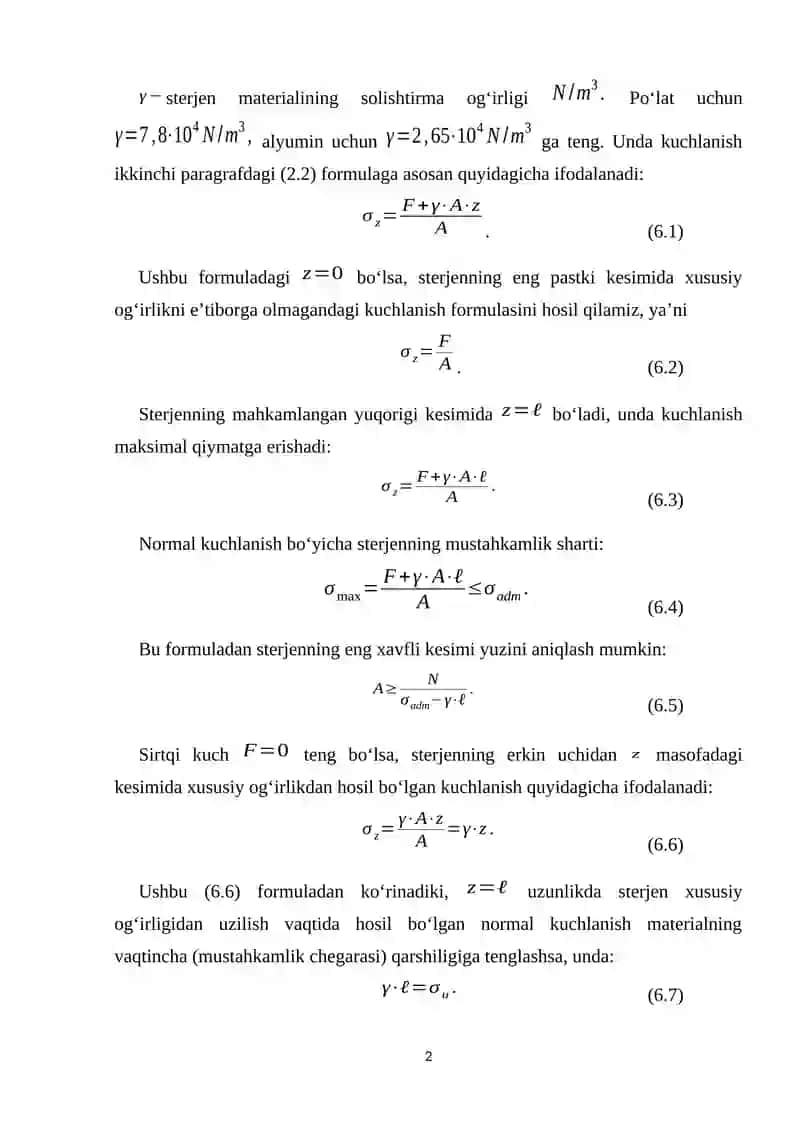 VI-Mavzu. Cho‘zilish va siqilish deformatsiyalarida xususiy og‘irlikni hisobga olish 2
