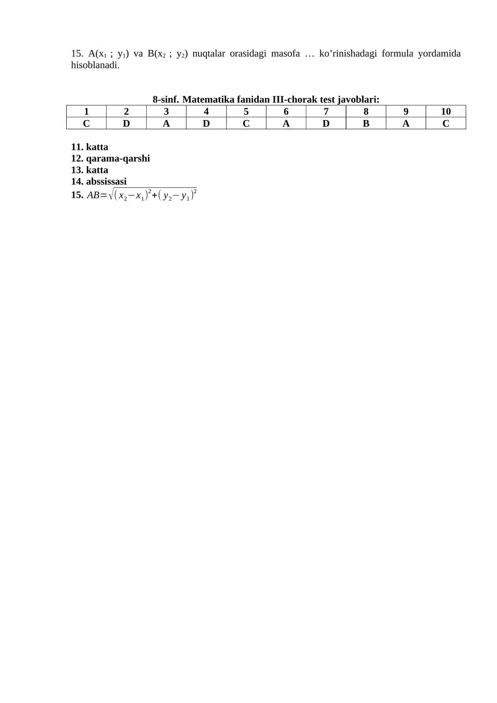 8-sinf. Matematika fanidan III-chorak testi 2