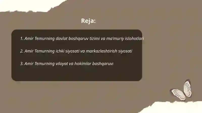 Amir Temurning davlat boshqaruv tizimi va maʼmuriy islohotlari 2