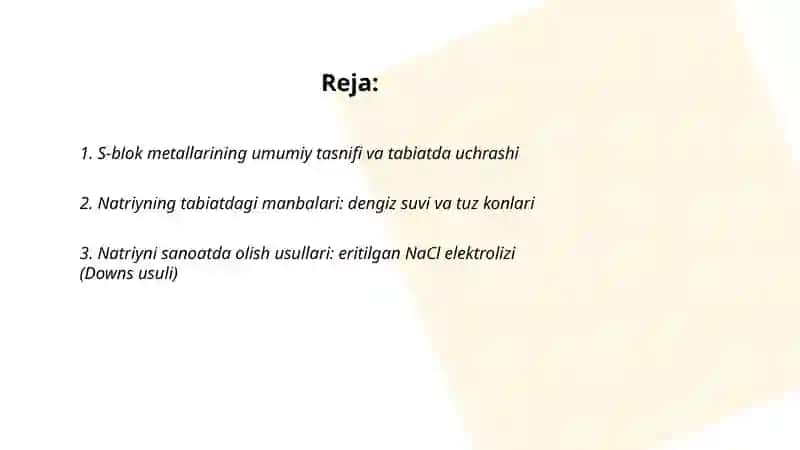 s-blok metallarini tabiatda uchrashi va olinishi 2