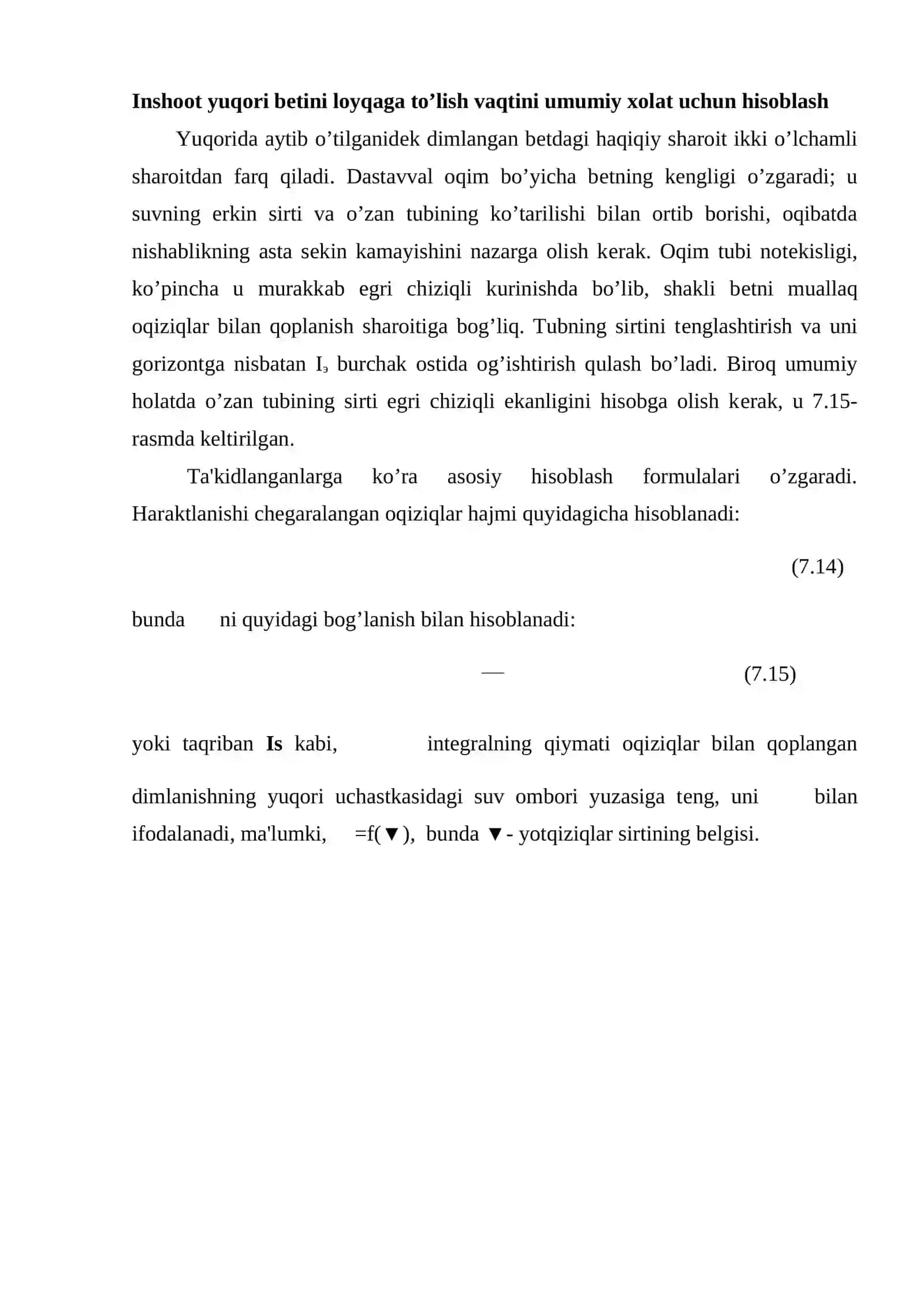 Inshoot yuqori bеtini loyqaga to’lish vaqtini umumiy xolat uchun hisoblash 2