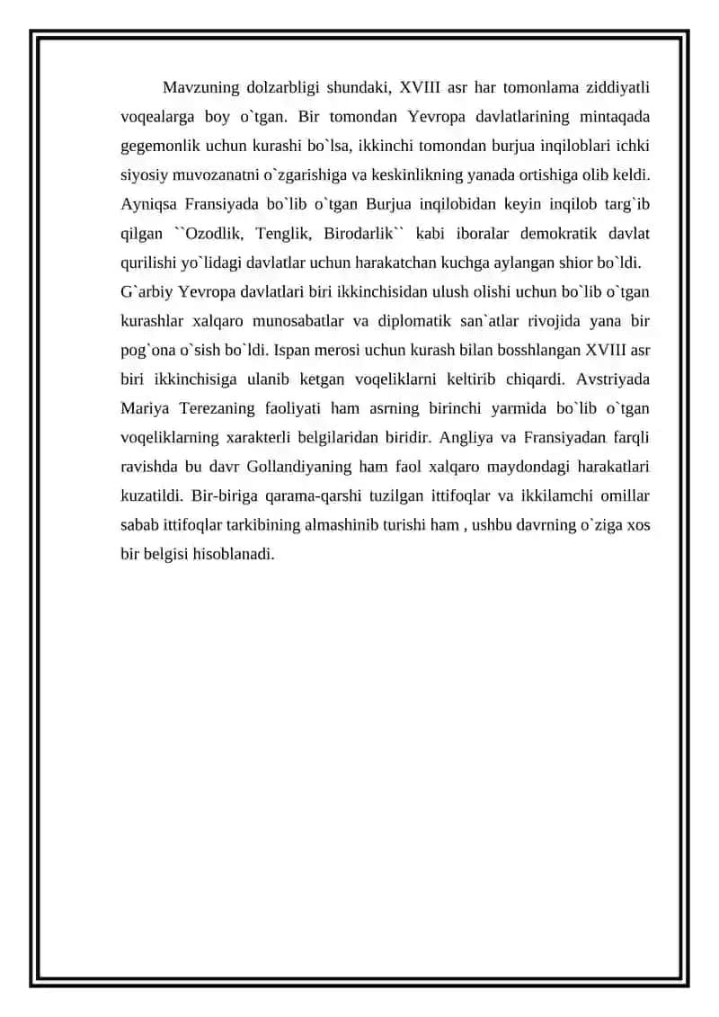 XVIII asr birinchi yarmida xalqaro munosabatlar va diplomatiya 2