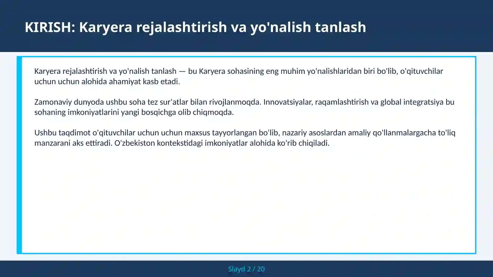 KARYERA REJALASHTIRISH VA YO'NALISH TANLASH 2