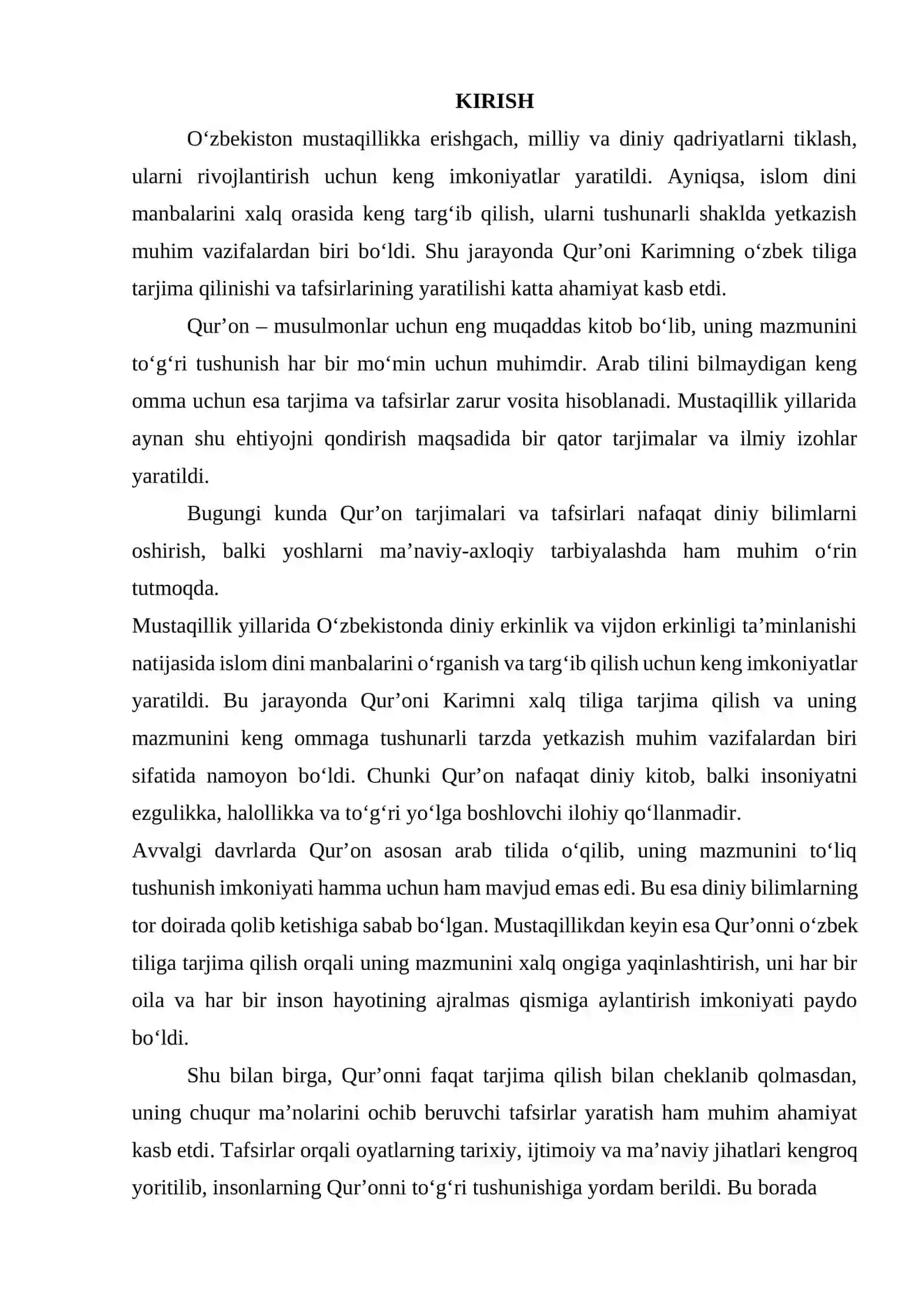 Mustaqillik yillarida Qur’onning o‘zbek tiliga tarjima qilinishi va tafsirlari 2