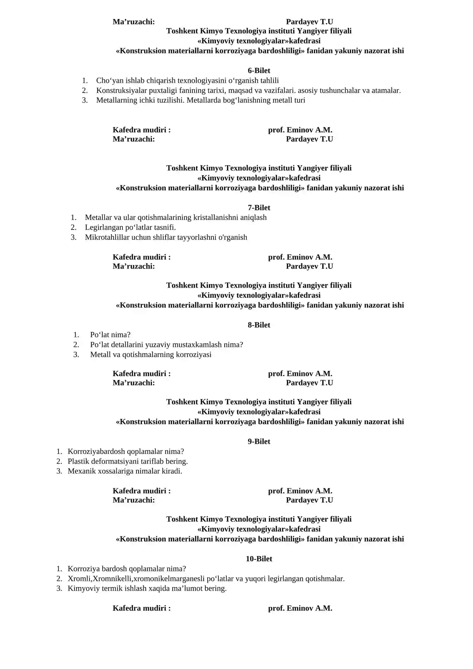 Konstruksion materiallarni korroziyaga bardoshliligi fanidan oraliq nazorat savollari 2