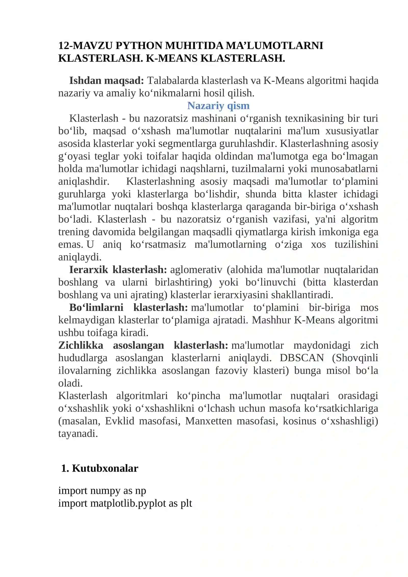 PYTHON MUHITIDA MA’LUMOTLARNI KLASTERLASH. K-MEANS KLASTERLASH 2