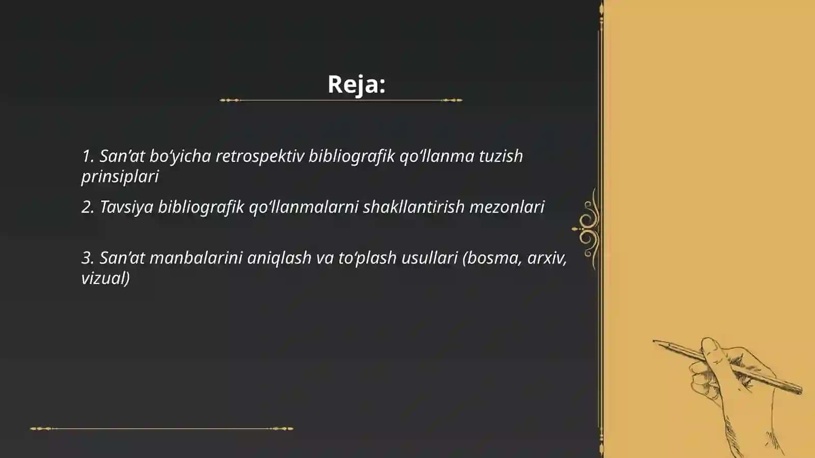 San’at bo‘yicha retrospektiv va tavsiya bibliografik qo‘llanmalar tuzish uslubiyoti va tuzilgan bibliografik qo‘llanmalarning tizimi 2