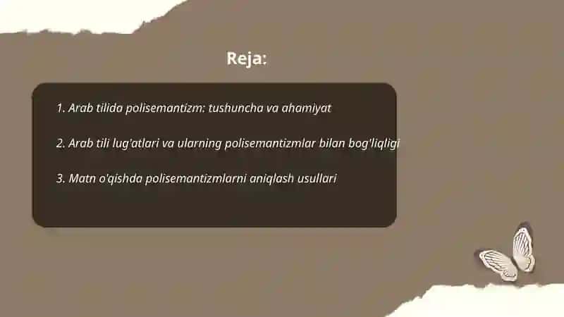 ARAB TILIDAGI MATNNI O'QIB, UNDAGI POLISEMANTIZMLARNI ANIQLASH; SO'Z MA'NOLARIGA E'TIBOR QARATISH 2