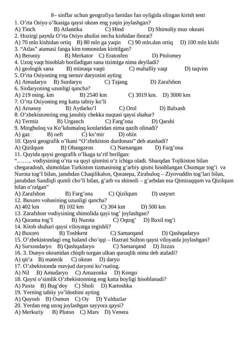 Geografiya fanidan kirish testi 2