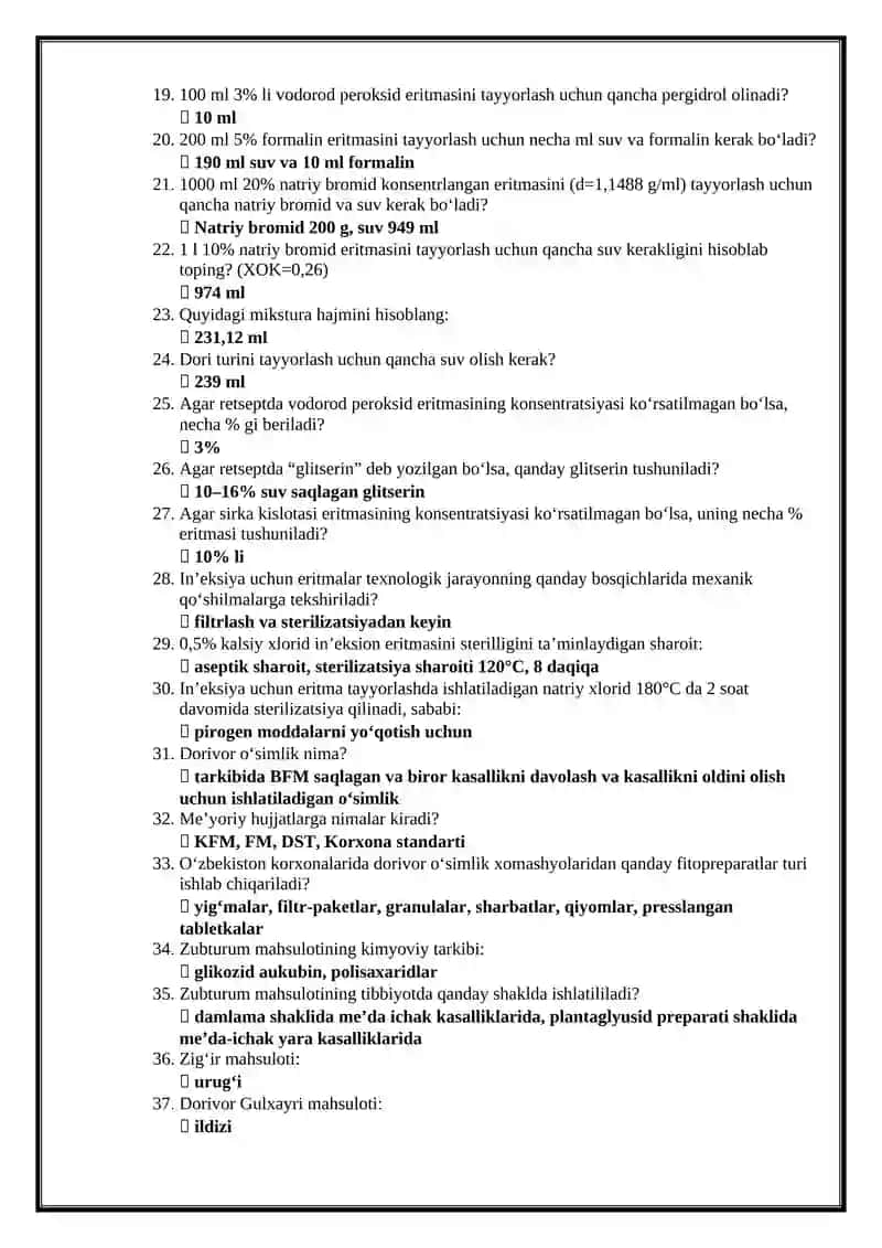 Farmatsiya mutaxassisligi boʻyicha shakllantirilgan test savollari roʻyxati 2