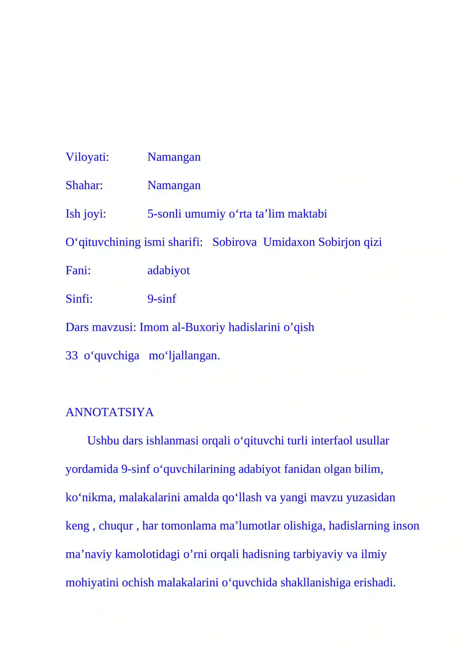 9-sinf Adabiyot fanidan Imom al-Buxoriy hadislarini o'qish dars ishlanma 2