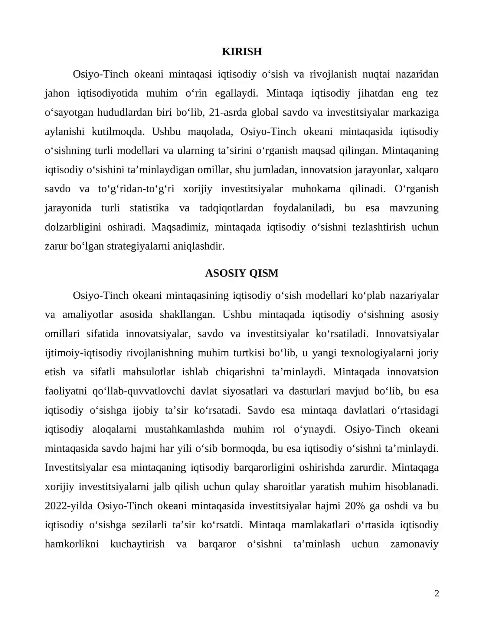 Osiyo-Tinch okeani mintaqasining iqtisodiy o‘sish modellari va istiqbollari 2