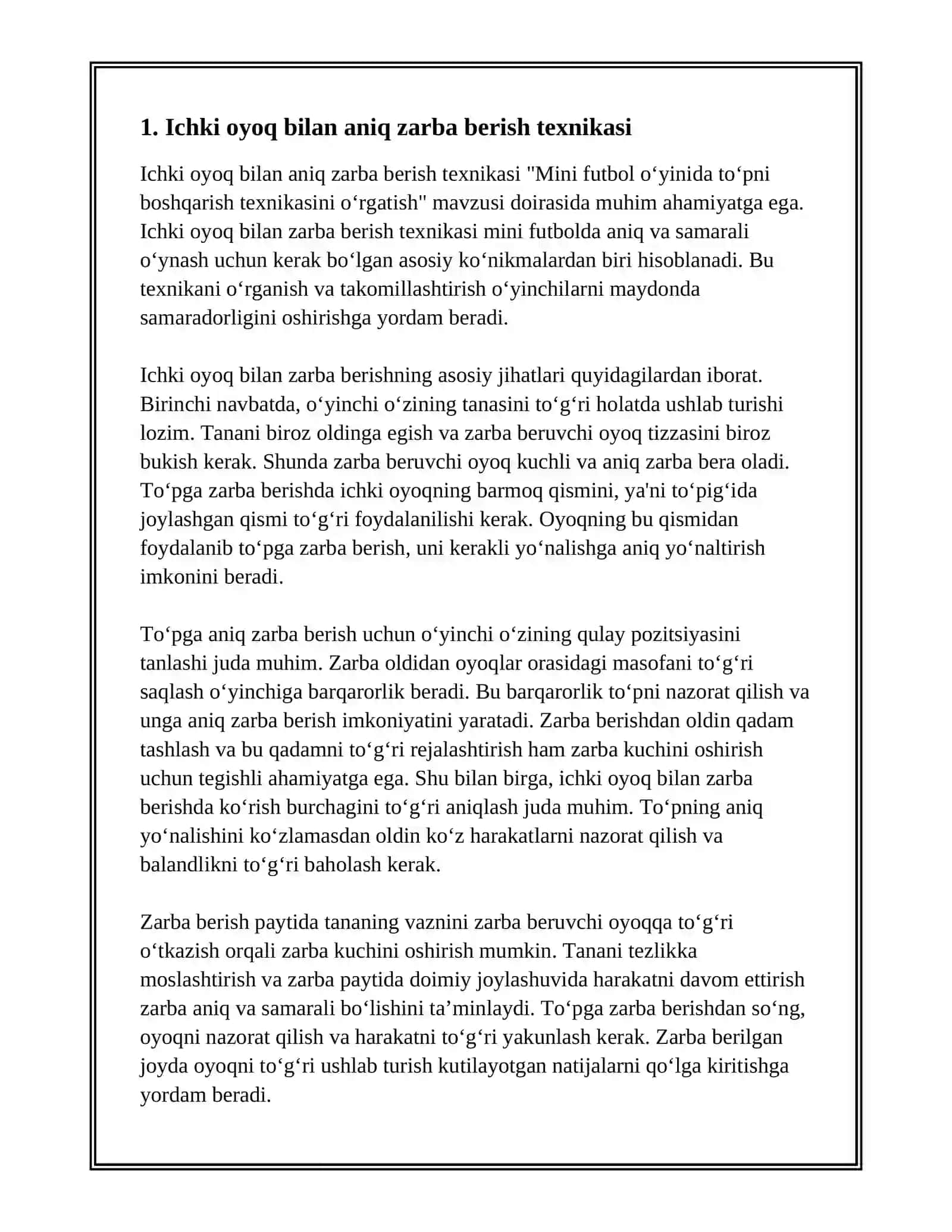 Mini futbol oʻyinida toʻpni boshqarish texnikasini oʻrgatish (toʻpga zarba berish) 2