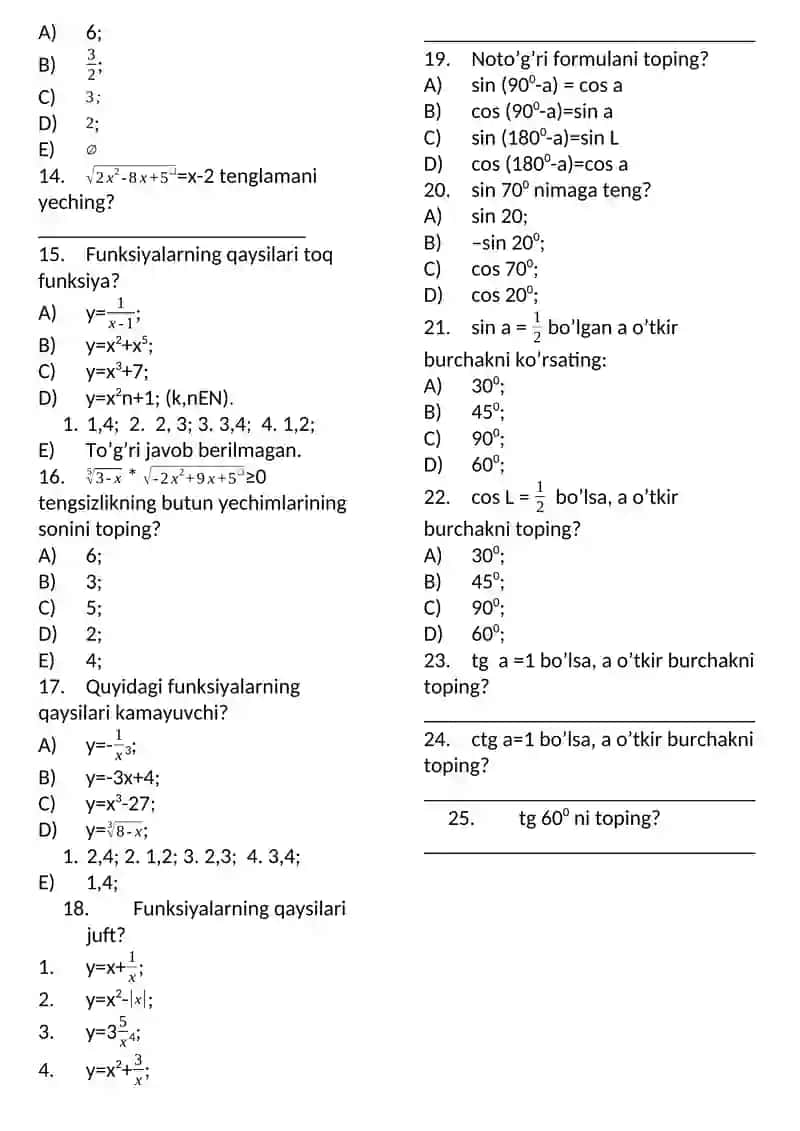 Matematika fanidan 9-sinf II-chorak uchun test 2