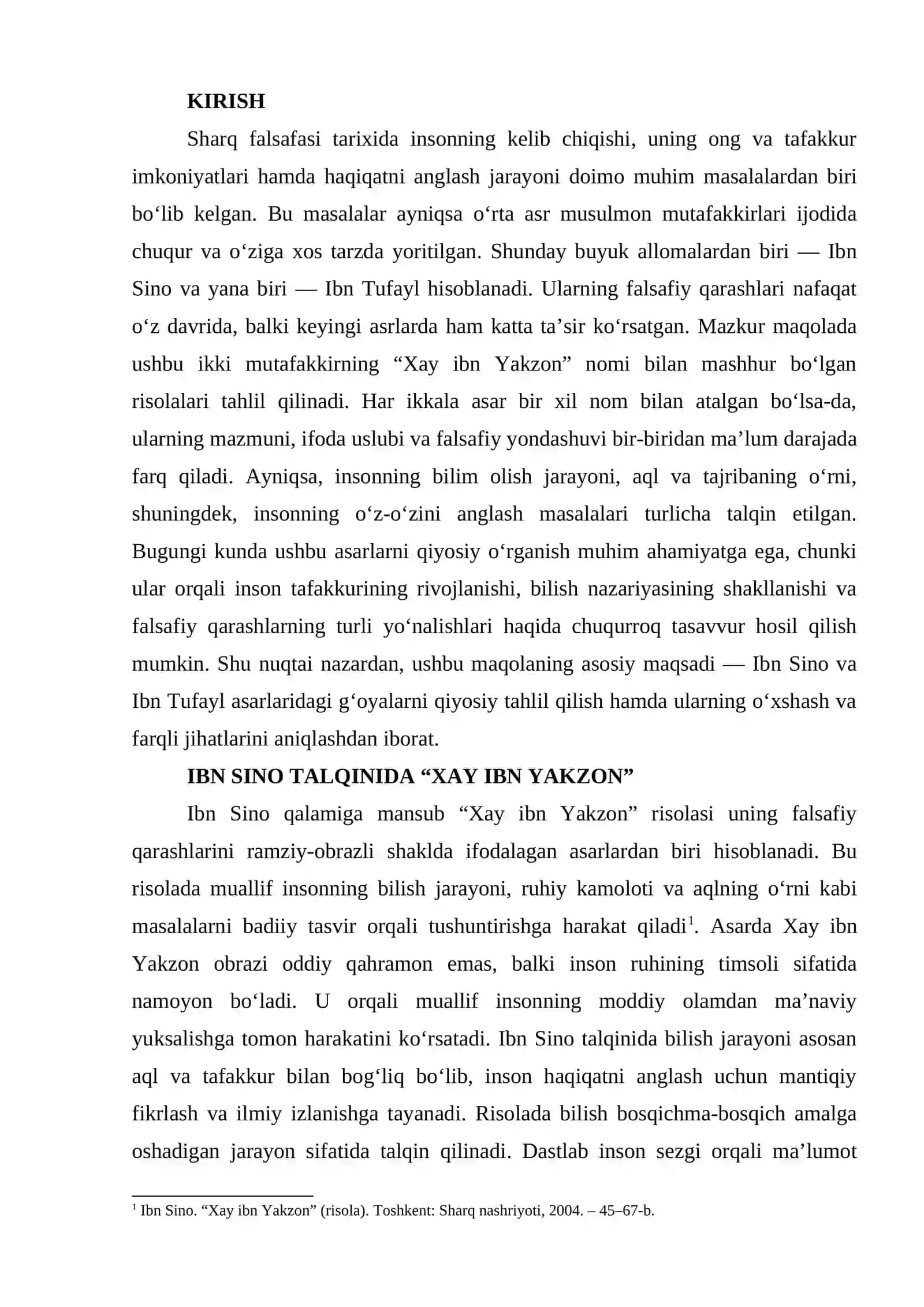 IBN TUFAYL VA IBN SINONING “XAY IBN YAKZON O‘G‘LI” RISOLASIDAGI QIYOSIY TAHLIL 2