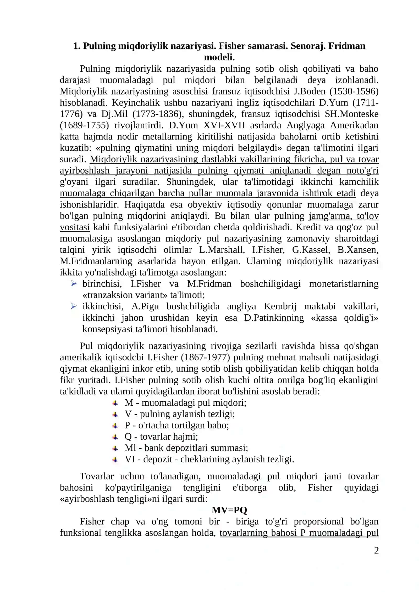 Pulning miqdoriylik nazariyasi. Fisher samarasi. Fridman modeli. Senoraj 2