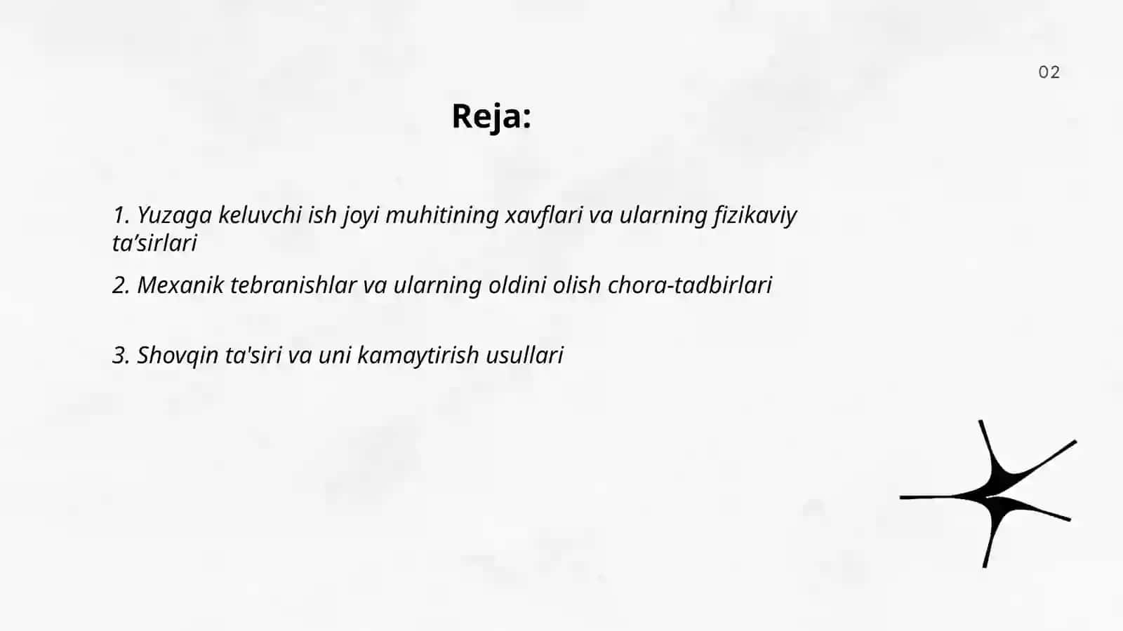 Ish joyida uchraydigan fizikaviy ta'sirlar va ularni oldini olish chora- tadbirlarini ishlab chiqish 2