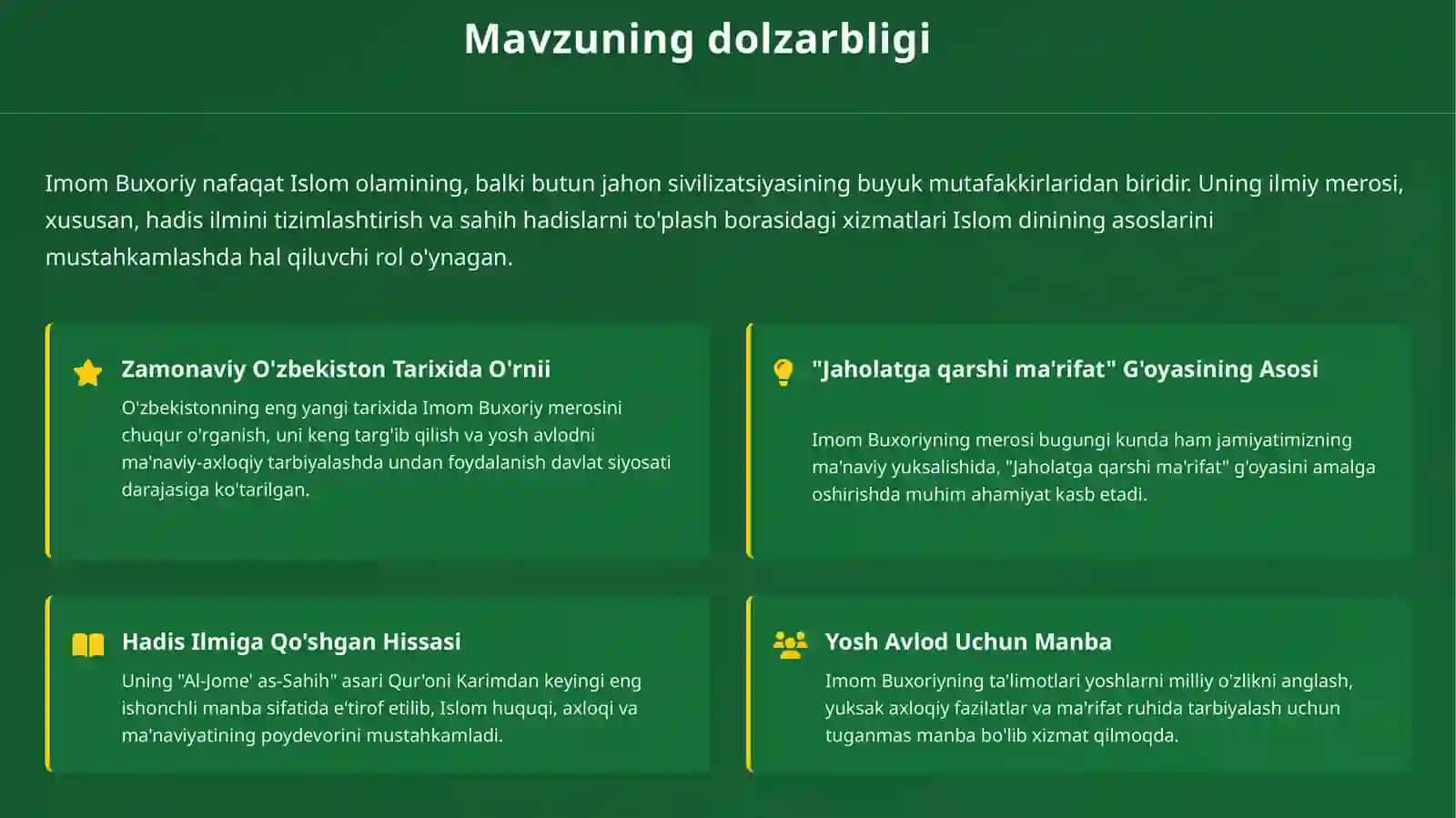 Imom Buxoriyning Islom Sivilizatsiyasiga Qo'shgan Hissasi 2