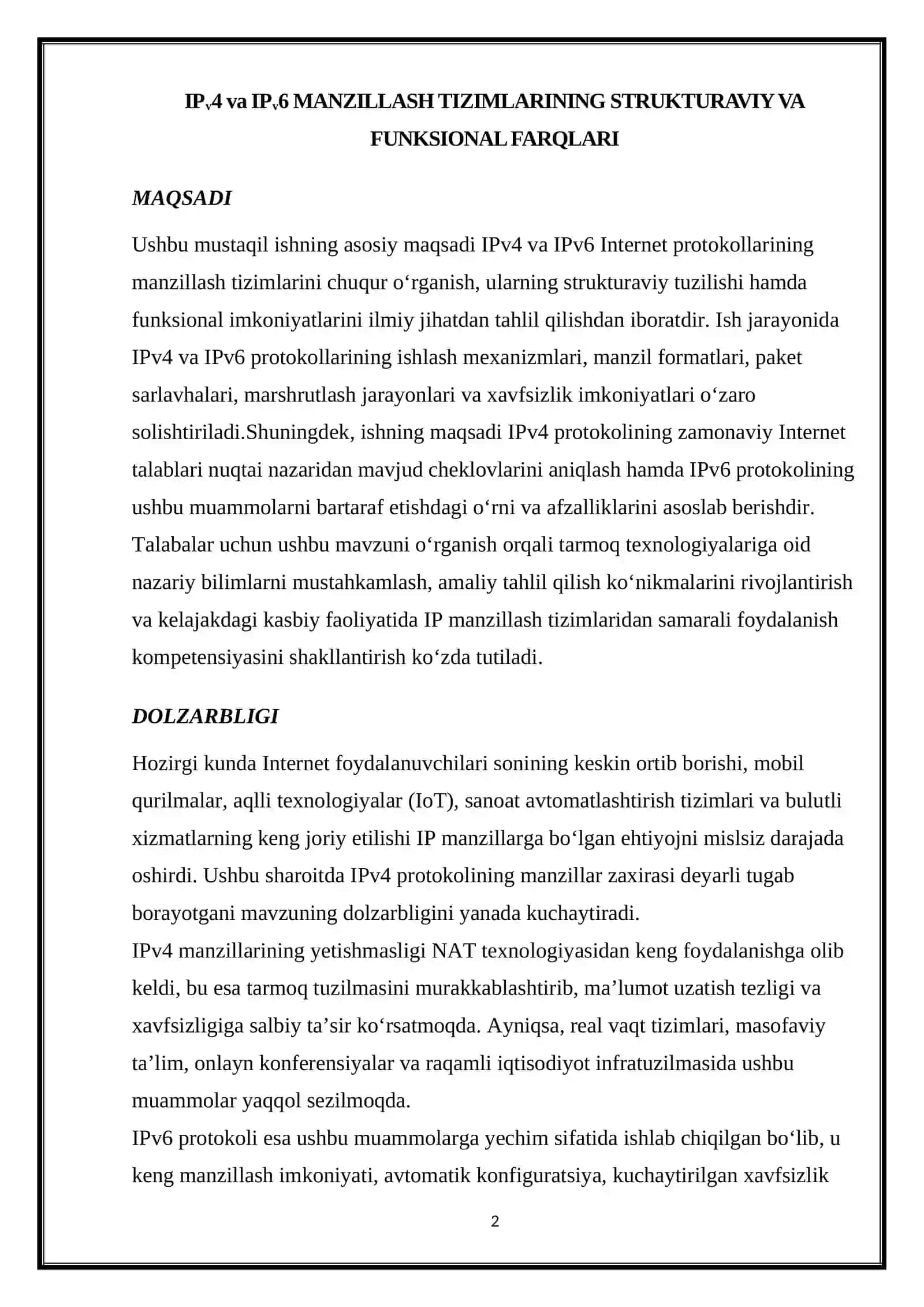 IPv4 va IPv6 MANZILLASH TIZIMLARINING STRUKTURAVIY VA FUNKSIONAL FARQLARI 2