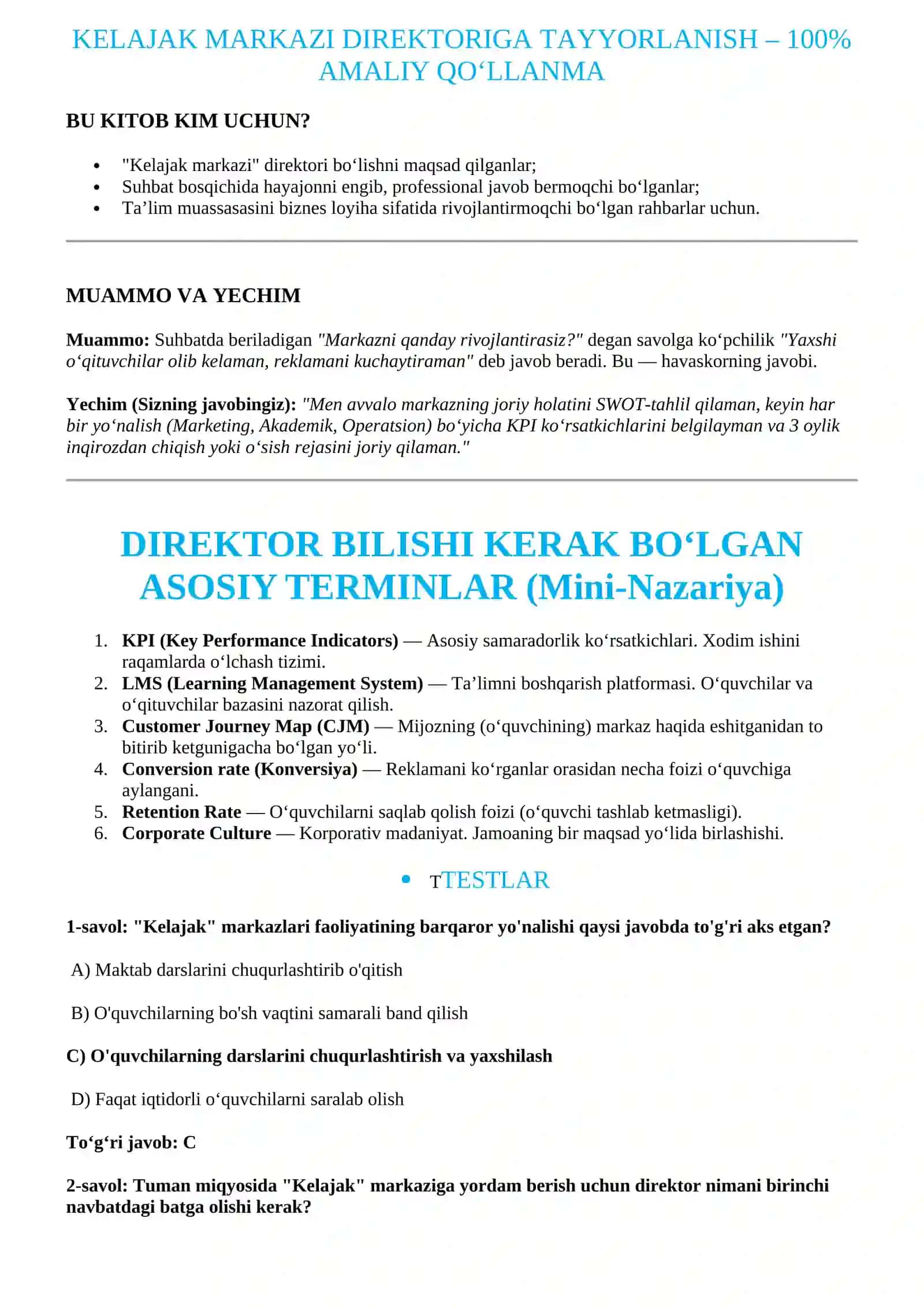 KELAJAK MARKAZI DIREKTORIGA TAYYORLANISH – 100% AMALIY QO‘LLANMA 2026 yil 2