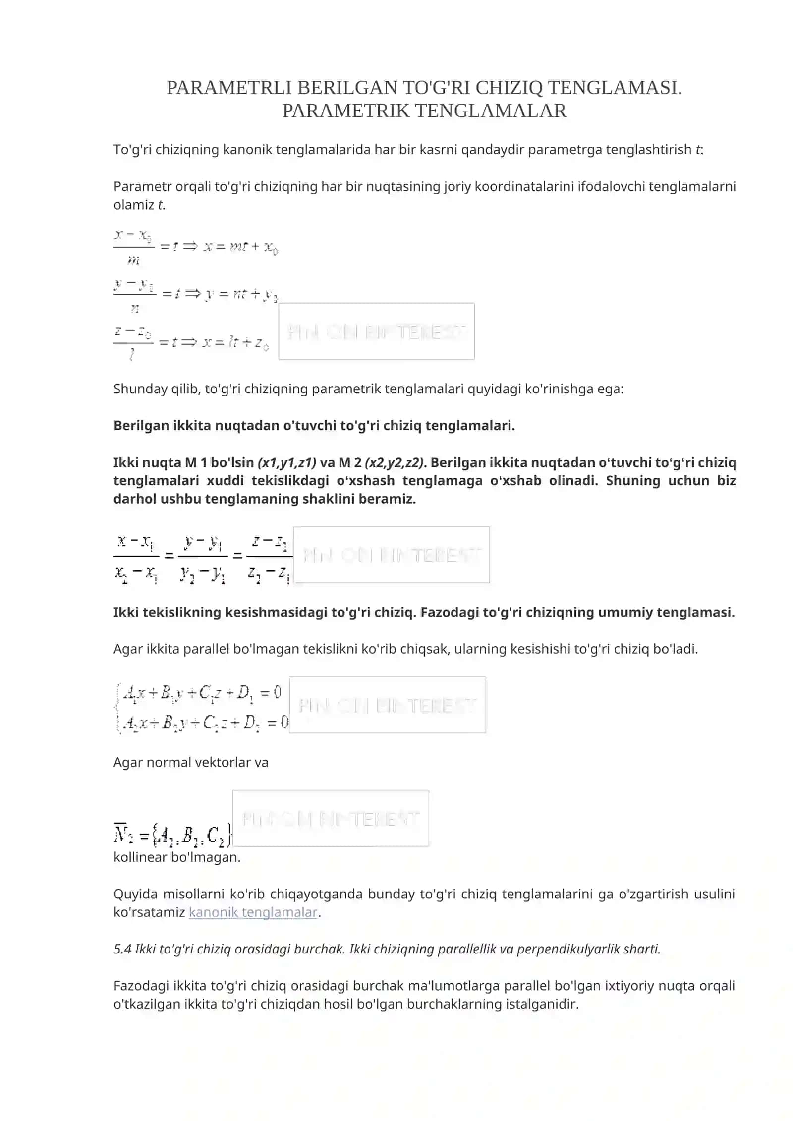Matematik Analiz Parametrli Berilgan To'g'ri Chiziq Tenglamasi 2