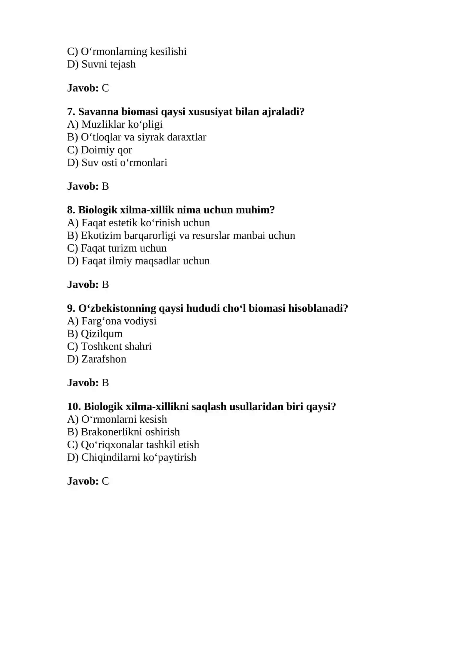 BIOMA VA BIOLOGIK XILMA-XILLIK BO‘YICHA TEST SAVOLLARI 2