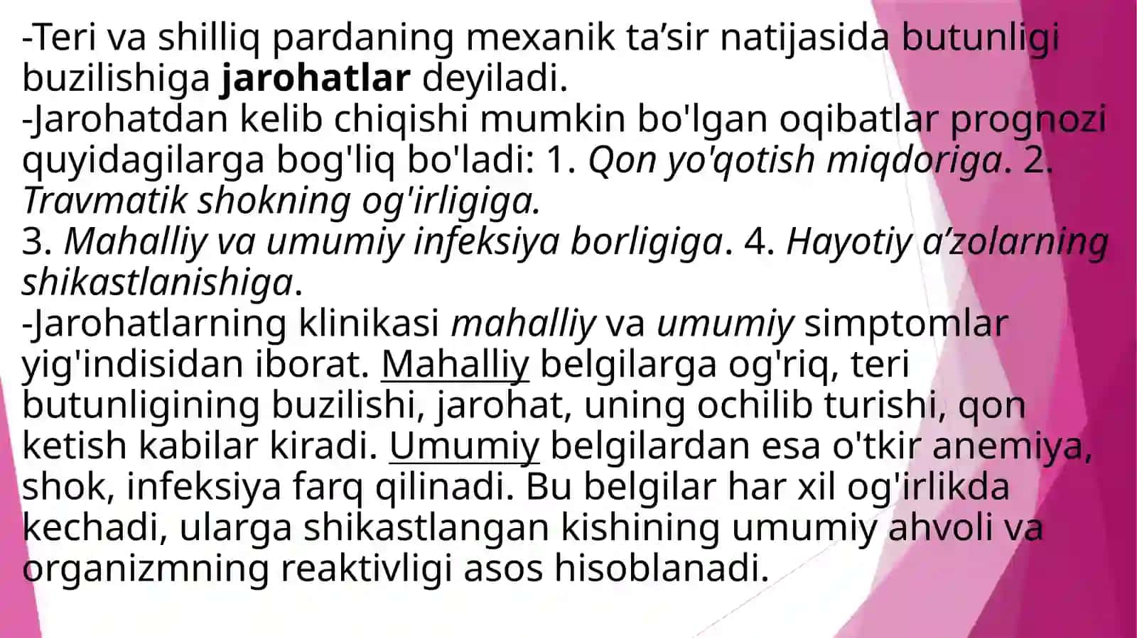 Yumshoq to‘qimalarning ochiq shikasti(jarohatlar tog’risida talim), jarohatlar tasnifi, jarohatning bitishi. 2