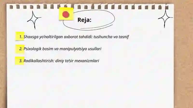 Shaxsga yo’naltirilgan axborot psixologik, diniy va madaniy tahdidlar 2