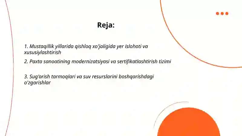 Oʻzbekistonda Mustaqillik yillarida qishloq xo’jaligi va sanoat sohasidagi o’zgarishlar 2