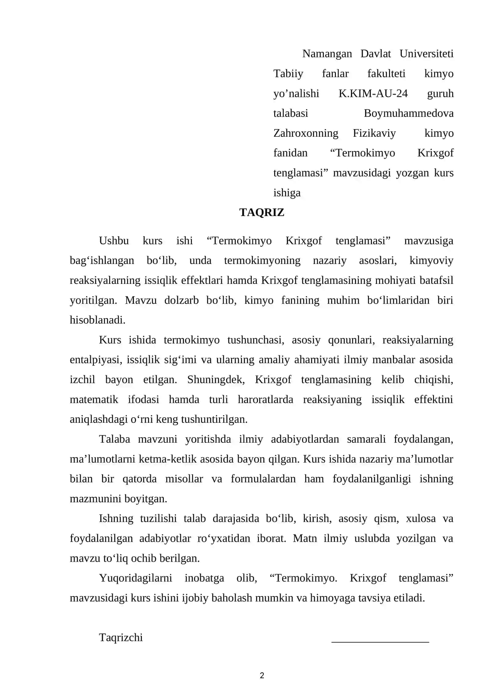 Termokimyo Krixgof tenglamasi 2