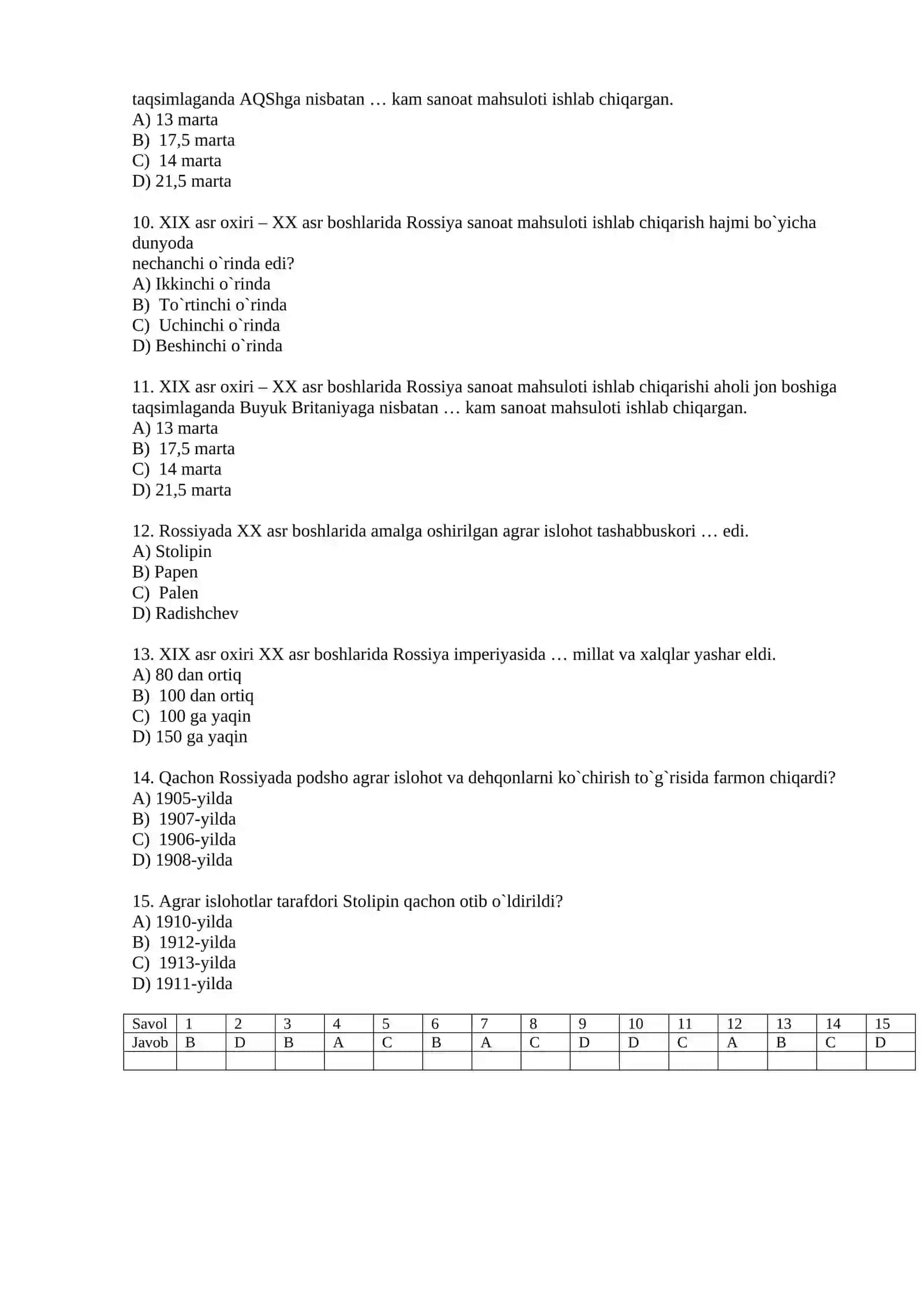 9-SINF JAHON TARIXI TEST 2
