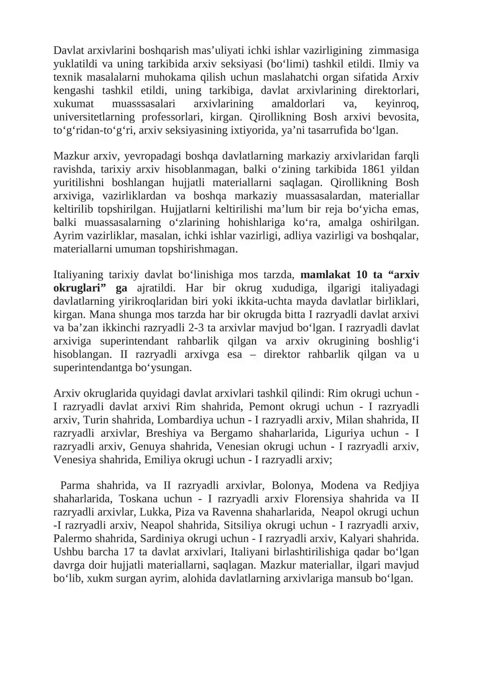 XIX–XX asr boshlarida Italiyada arxivlarni markazlashtirilishi 2