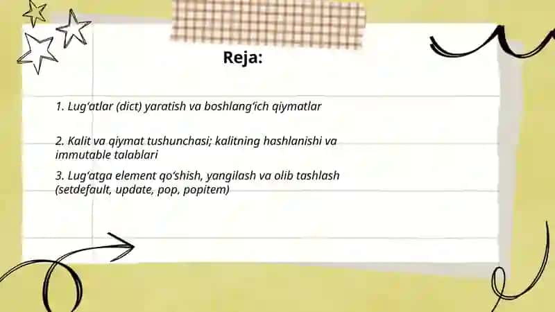Lug'atlar va to'plamlar bilan ishlash 2