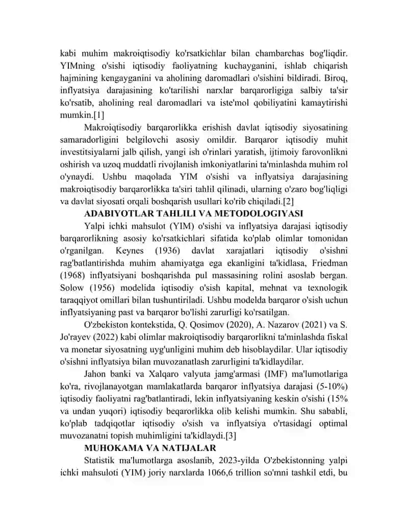 YALPI ICHKI MAHSULOT O'SISHI VA INFLATSIYA DARAJASINING MAKROIQTISODIY BARQARORLIKKA TA'SIRI 2