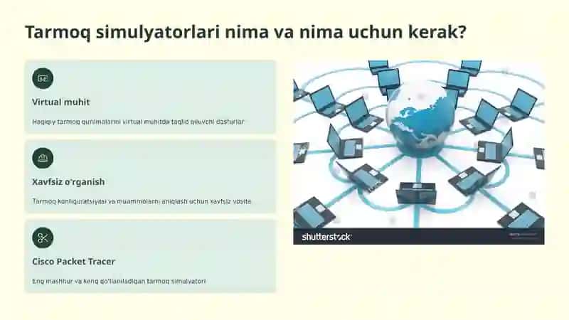 L2  Tarmoq simulyatorlari haqida umumiy tushuncha. Cisco Packet Tracer dasturini o‘rnatish, Cisco Packet Tracer interfeysi va asosiy imkoniyatlarini o‘rganish. 2