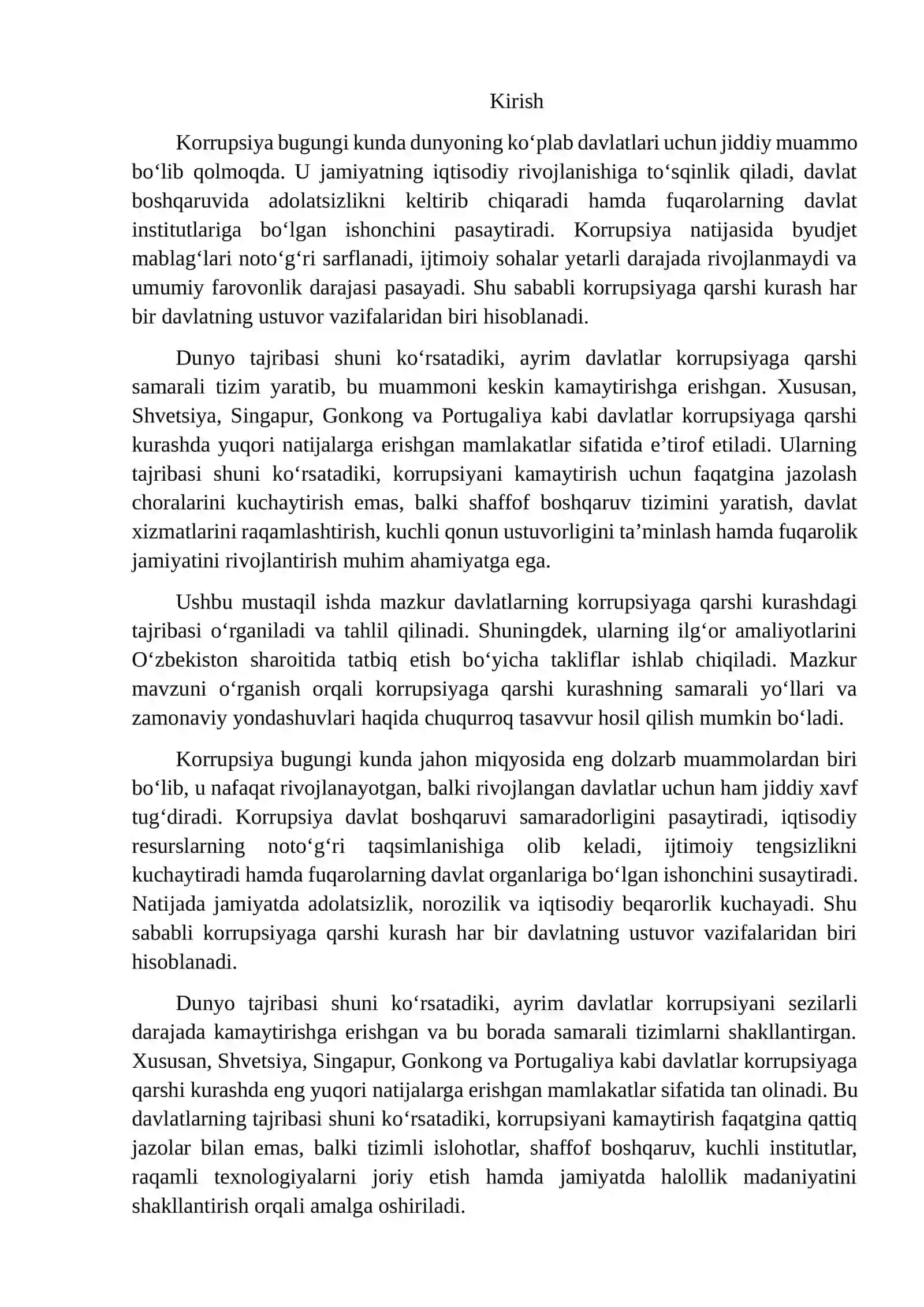 Korrupsiyaga Qarshi Kurashda Yuqori Natijalarga Erishgan Davlatlar (Shvetisiya, Singapur, Gonkong, Portugaliya) Tajribasini O'rganish va Uni Hayotga Tatbiq Etish Bo'yicha Takliflar 2