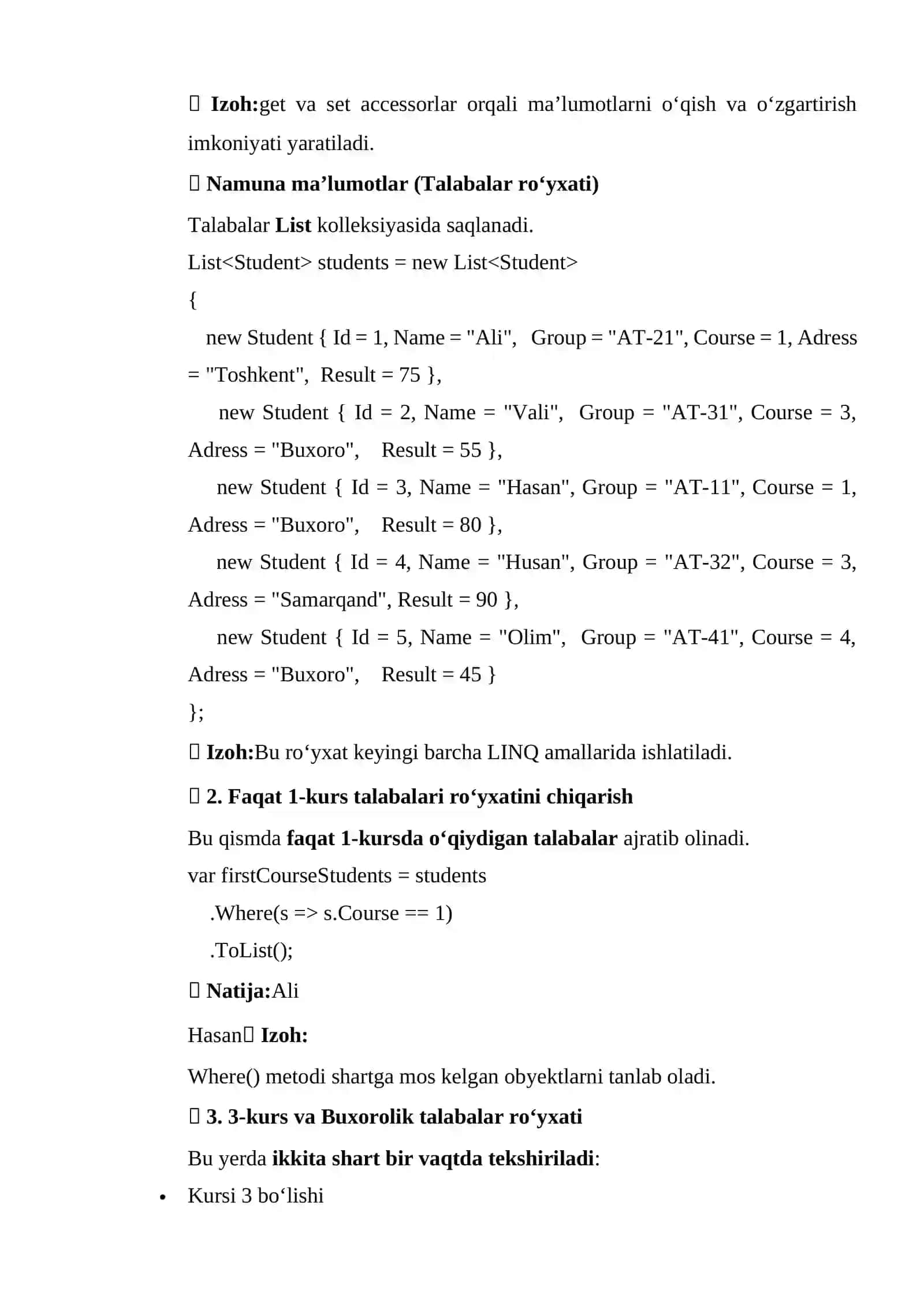 C# DASTURLASH TILIDA STUDENT CLASS VA LINQ SO‘ROVLAR BILAN ISHLASH 2