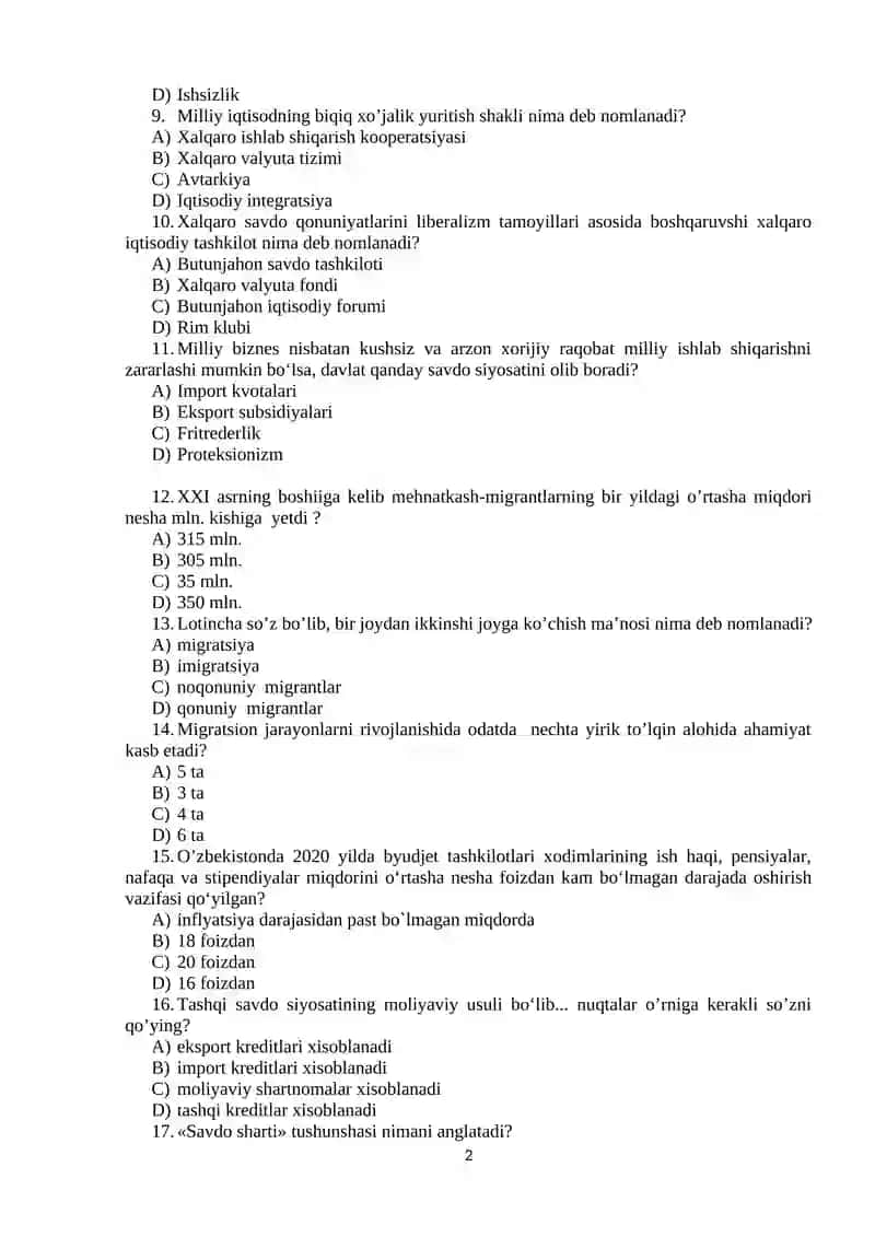 Global iqtisodiy rivojlanish fanidan Joriyiy nazorat uchun test savollari 2