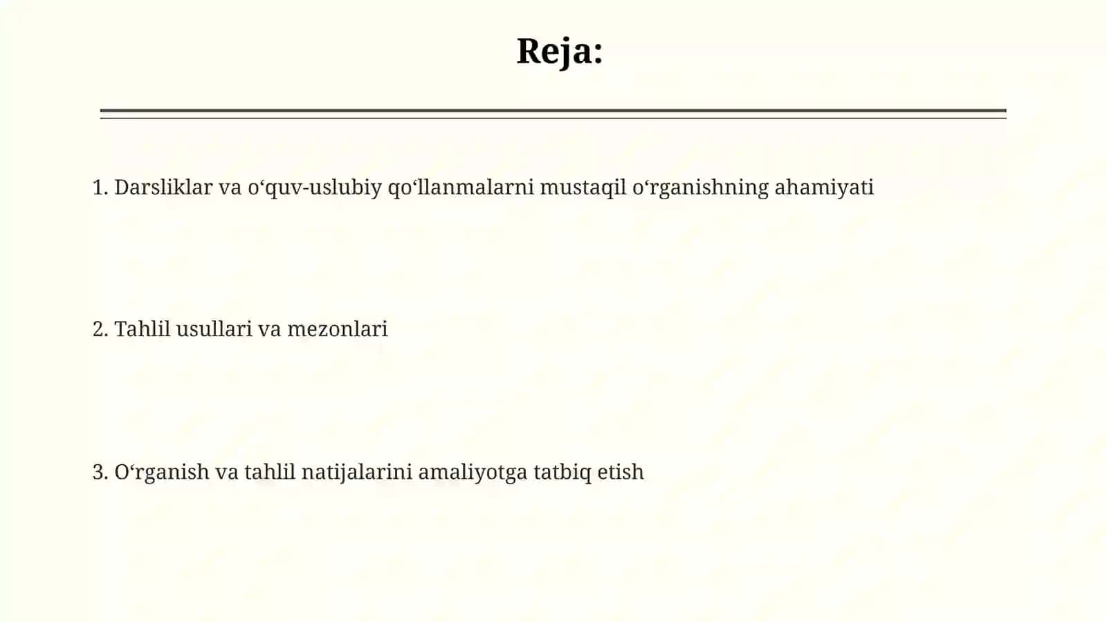 Mustaqil ravishda mavzuga oid darslik, o'quv va metodik qo'llanmalarni o'rganish va tahlil qilish 2