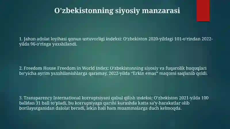 Siyosiy- Huquqiy Sohadagi Ustuvor Xalqaro Reytinglar Va Ularga O'Zbekistonning Integratsiyalashuvi 2
