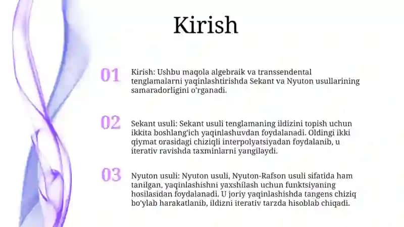 Algebraik Va Transtendent Tenglamalarni Taqribiy Yechishda Vatarlar Va Nyuton Usullarini SamaradorlikBo'YichaTaqqoslar 2