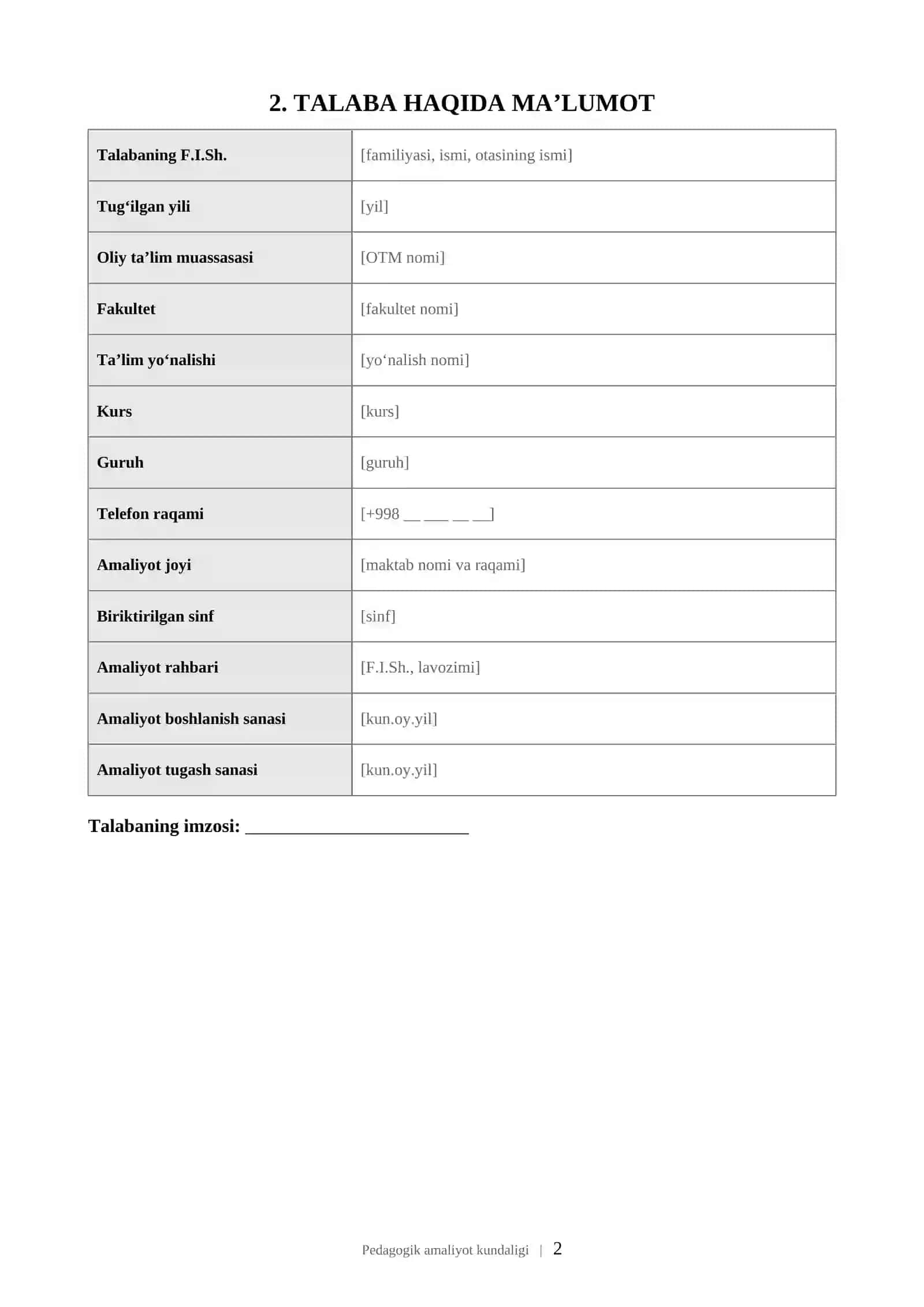 Pedagogik amaliyot kundaligi | Talabalar uchun tayyor Word namuna | DOCX 2