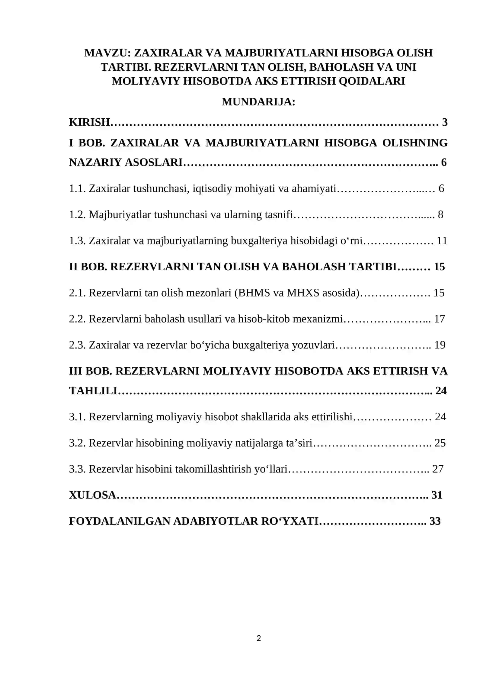 ZAXIRALAR VA MAJBURIYATLARNI HISOBGA OLISH TARTIBI. REZERVLARNI TAN OLISH, BAHOLASH VA UNI MOLIYAVIY HISOBOTDA AKS ETTIRISH QOIDALARI 2