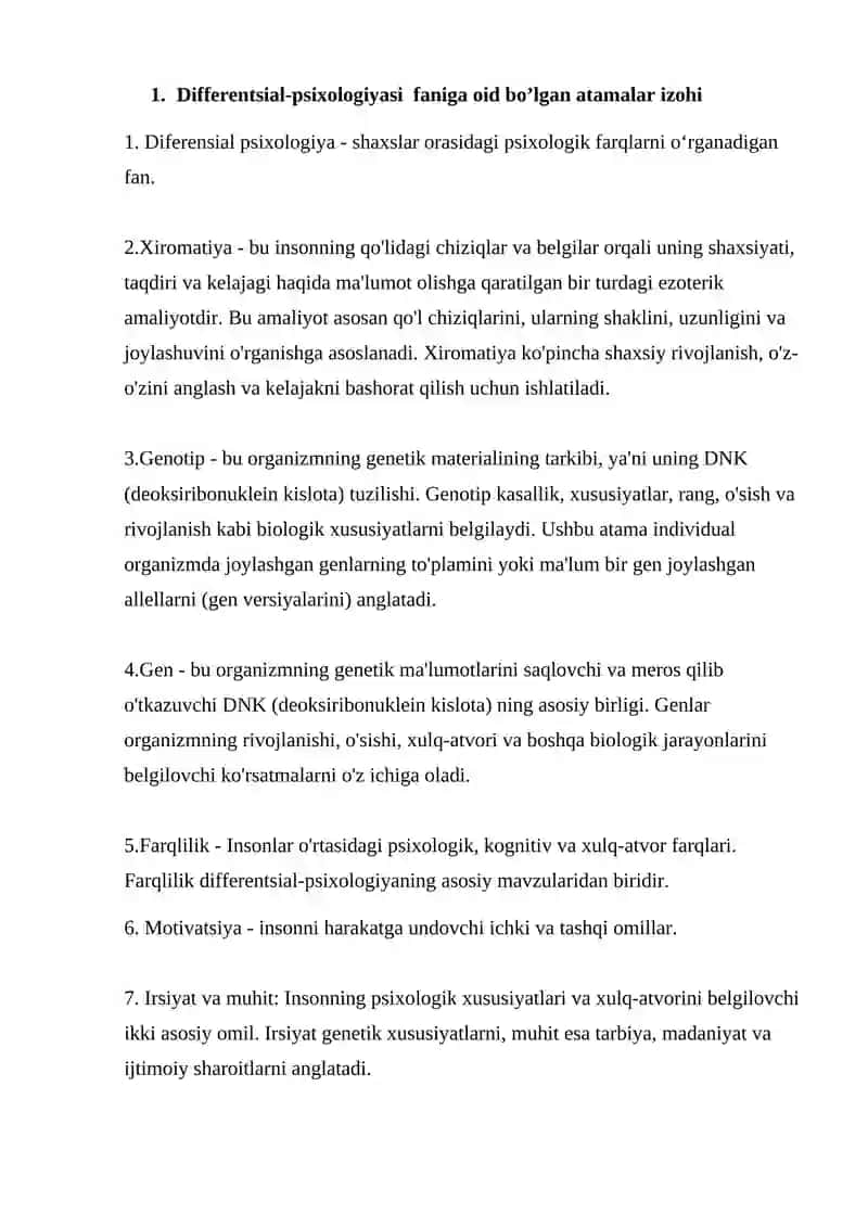 Differentsial-psixologiyasi faniga oid bo’lgan atamalar izohi 2