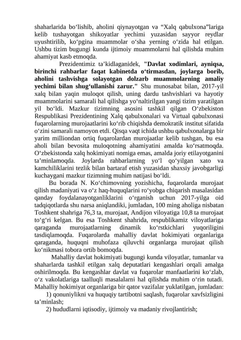 O‘zbekiston Respublikasi Prezidentining Xalq va Virtual qabulxonalari xalq murojaatlari bilan ishlashning milliy modeli 2