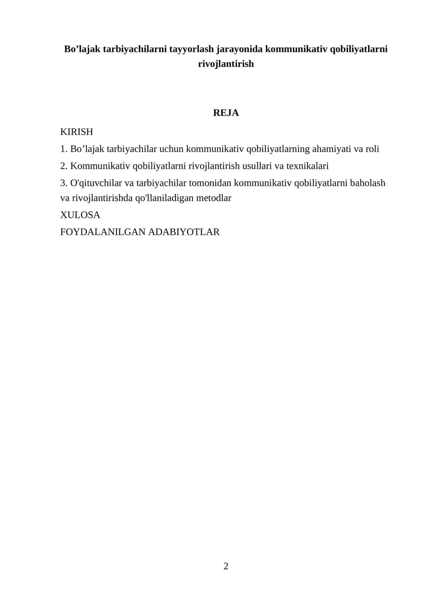 Bo'lajak tarbiyachilarni tayyorlash jarayonida kommunikativ qobiliyatlarni rivojlantirish REFERATI 2